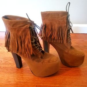 Cognac Fringed Boots w/ 4 inch Chunky Heels (Size 9) <unbranded>